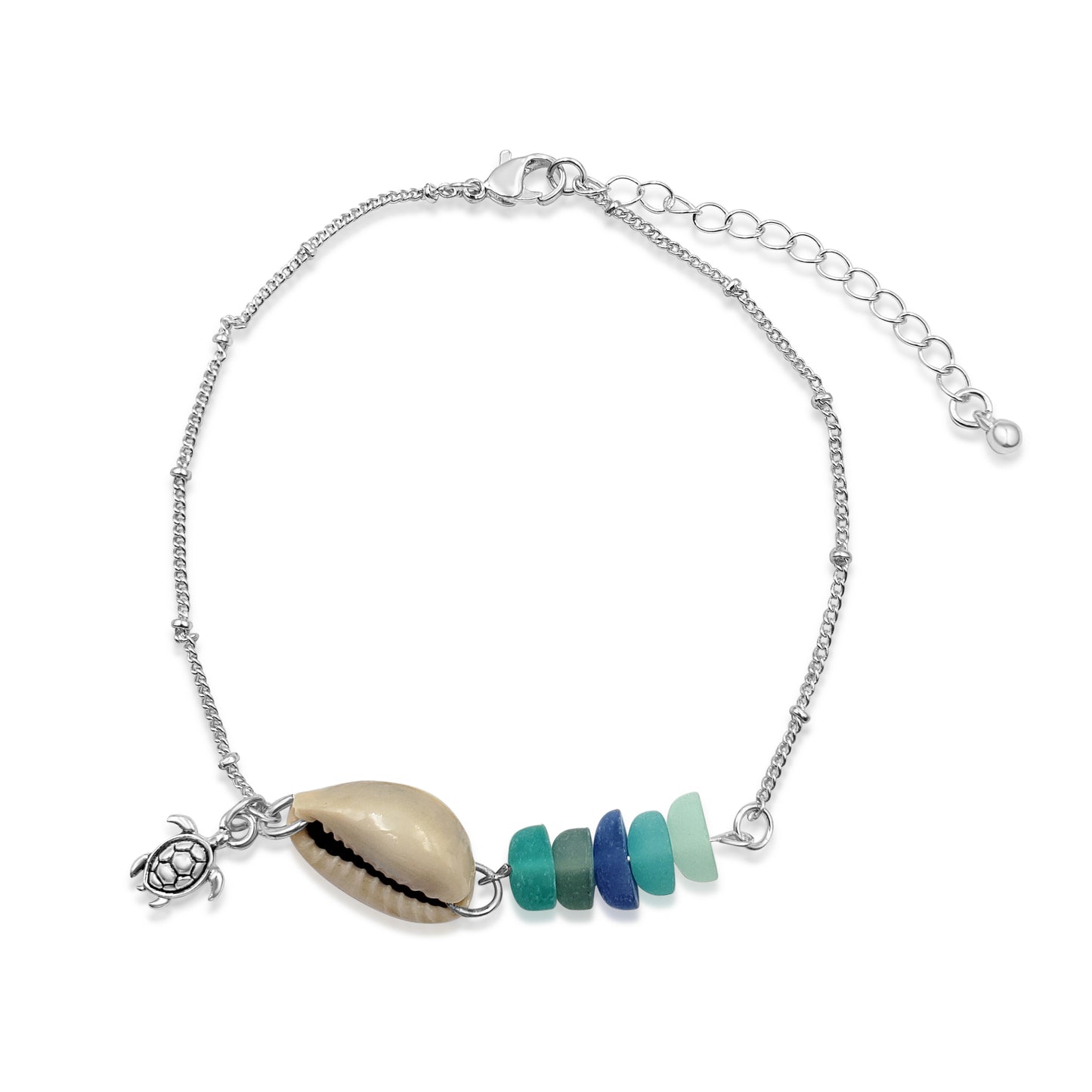 BESHEEK Seaglass BLUE Starfish and Cowrie Shell Artisan Silvertone Anklet with Extension | Handmade Hypoallergenic Beach Gala Wedding Style Jewelry