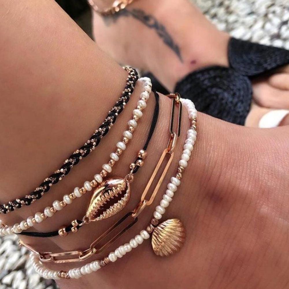 BESHEEK BLACK and WHITE Goldtone 5 Layer shell Artisan Anklet with Extensions | Handmade Hypoallergenic Beach Gala Wedding Style Jewelry
