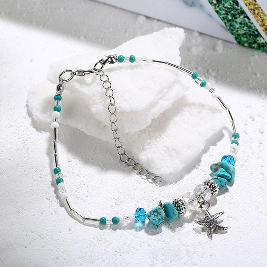 BESHEEK Starfish WHITE and BLUE Turquoise Artisan Silvertone Beaded Anklet with Extension | Handmade Hypoallergenic Beach Gala Wedding Style Jewelry