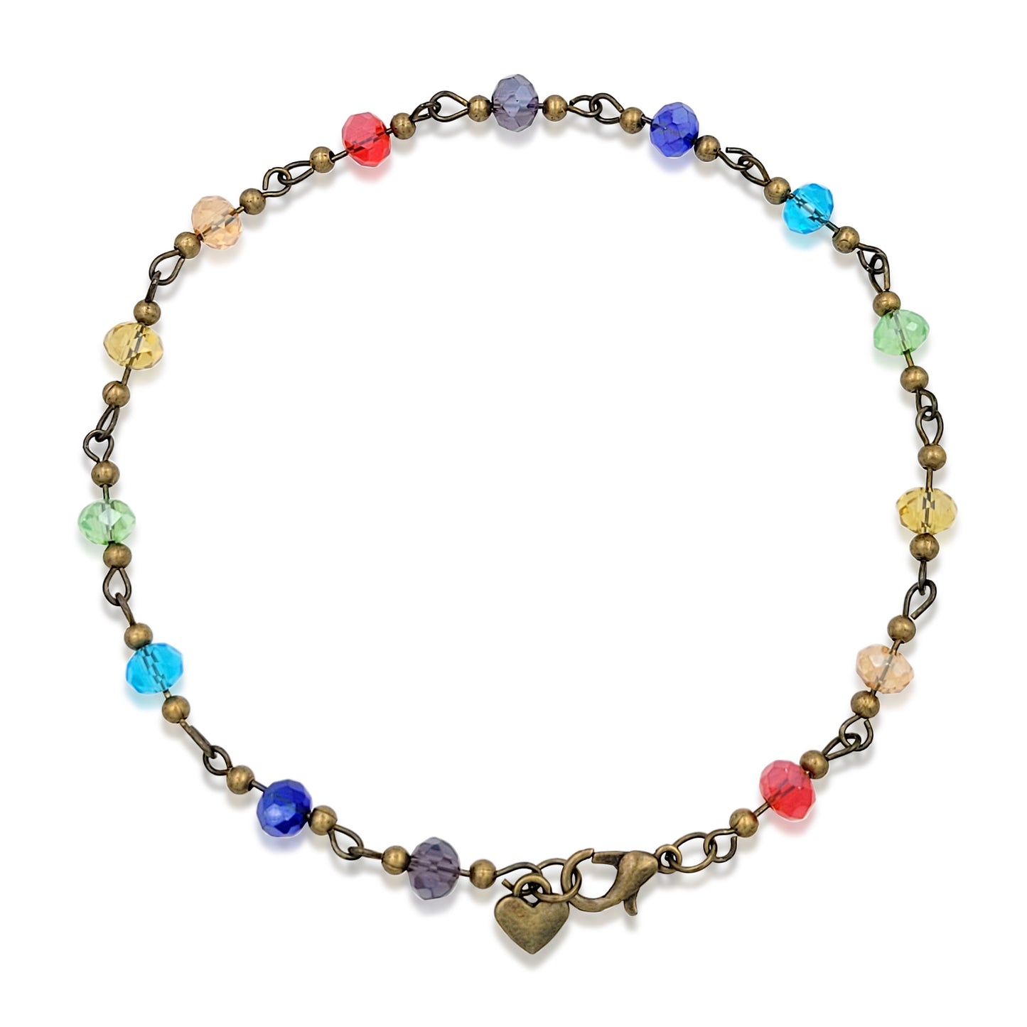 BESHEEK Antique Bronze RAINBOW Faceted Crystal Chain Artisan Beaded Anklet with Extension | Handmade Hypoallergenic Beach Gala Wedding Style Jewelry