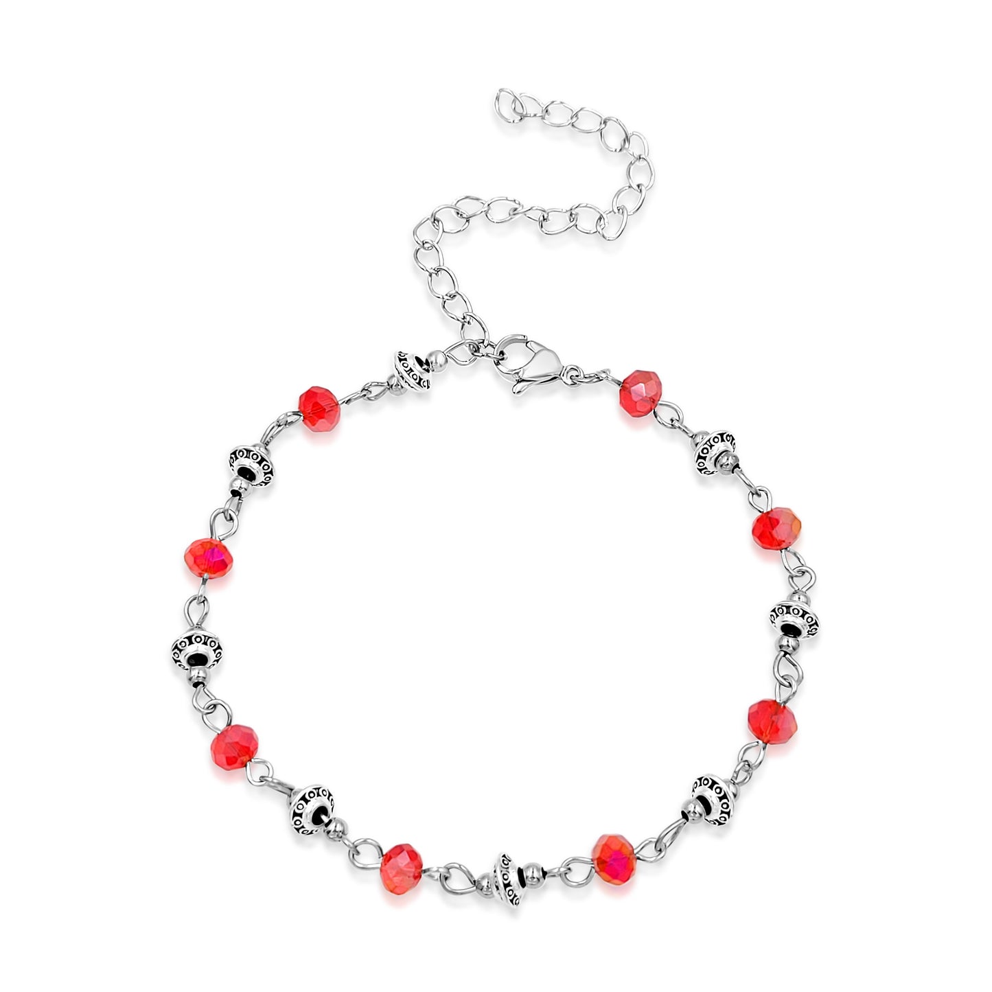 BESHEEK Silvertone RED Faceted Crystal Chain Artisan Beaded Anklet with Extension | Handmade Hypoallergenic Beach Gala Wedding Style Jewelry