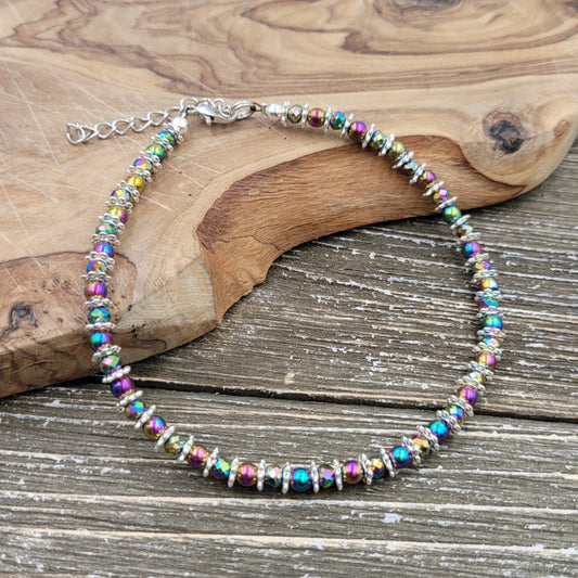 BESHEEK Round RAINBOW Hematite Stone and Crystal Artisan Beaded Anklet with Extension | Handmade Hypoallergenic Beach Gala Wedding Style Jewelry
