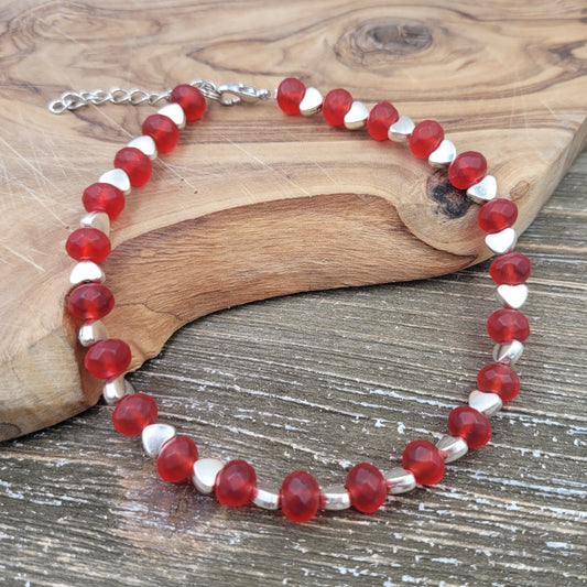 BESHEEK Frosted RED Faceted Crystal Artisan Beaded Anklet with Extension | Handmade Hypoallergenic Beach Gala Wedding Style Jewelry