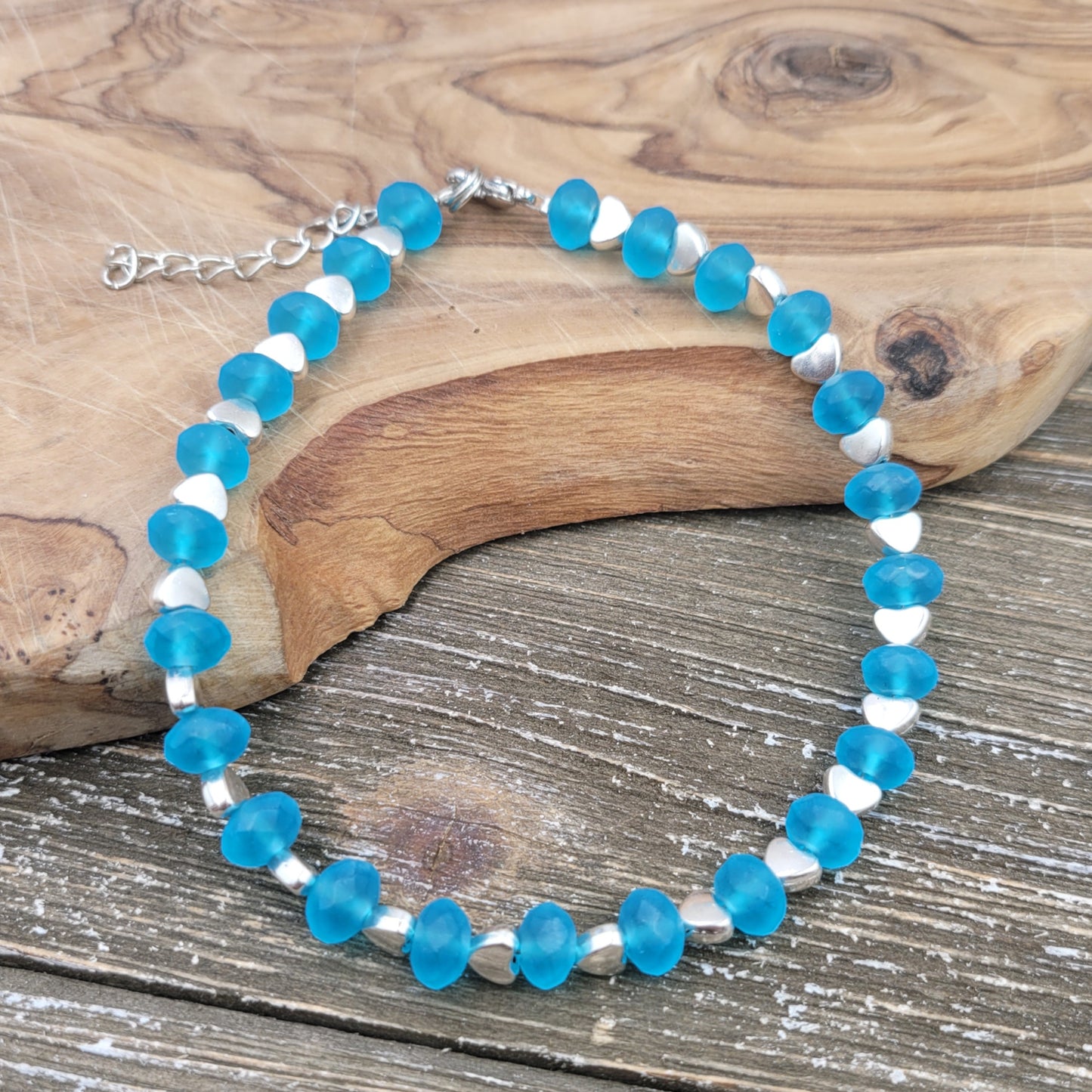 BESHEEK Frosted AQUA BLUE Faceted Crystal Artisan Beaded Anklet with Extension | Handmade Hypoallergenic Beach Gala Wedding Style Jewelry