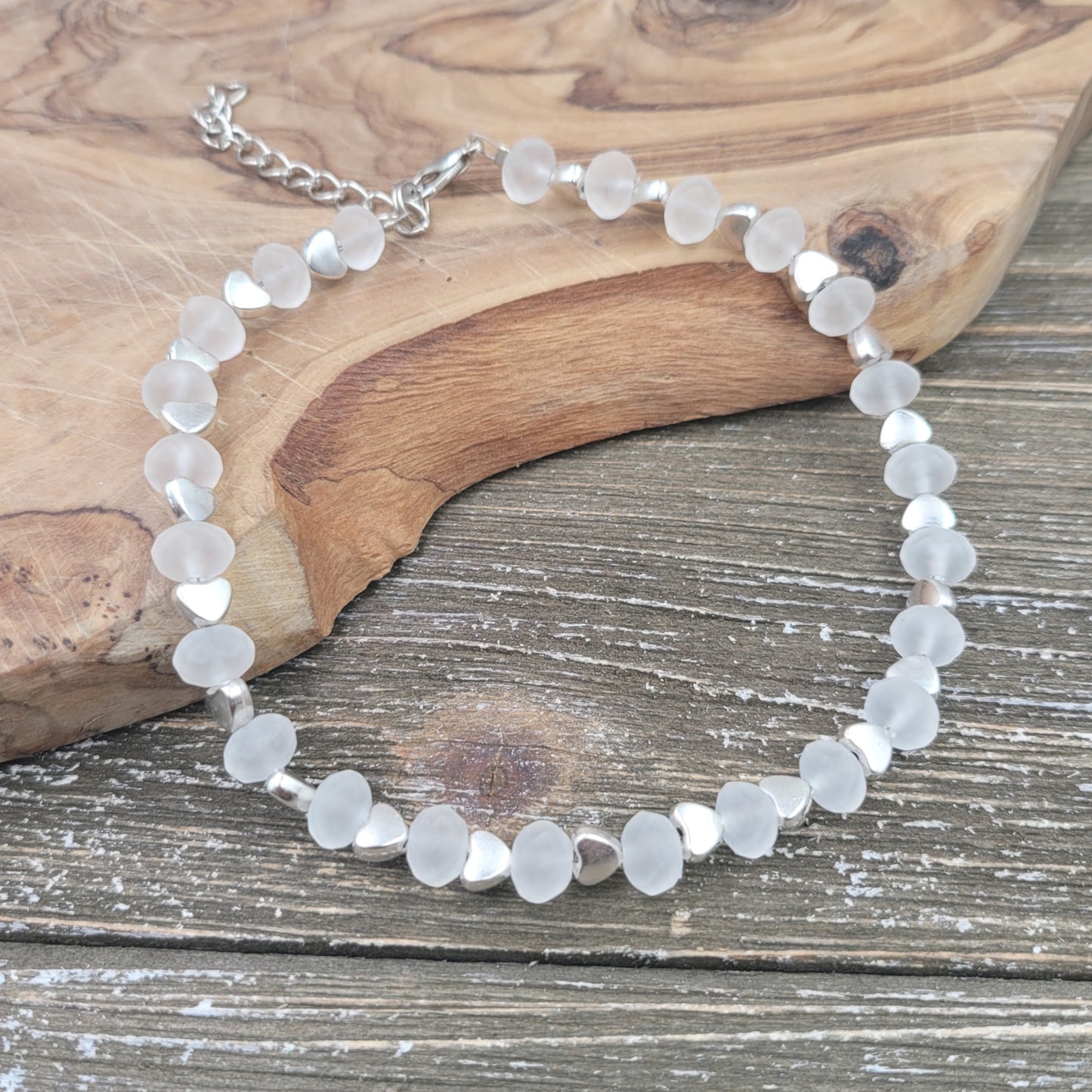 BESHEEK Frosted CLEAR WHITE Faceted Crystal Artisan Beaded Anklet with Extension | Handmade Hypoallergenic Beach Gala Wedding Style Jewelry