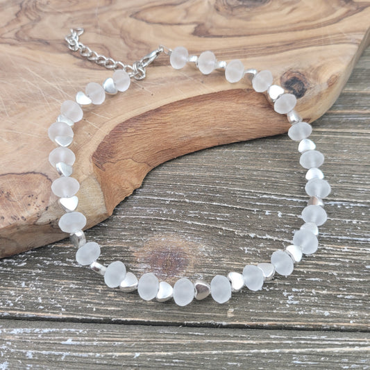 BESHEEK Frosted CLEAR WHITE Faceted Crystal Artisan Beaded Anklet with Extension | Handmade Hypoallergenic Beach Gala Wedding Style Jewelry