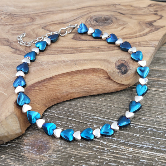 BESHEEK Heart LUSTER BLUE Hematite Stone Artisan Beaded Anklet with Extension | Handmade Hypoallergenic Beach Gala Wedding Style Jewelry