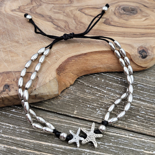 BESHEEK Starfish Boho SILVER and BLACK Leather Artisan Beaded SLIDE Anklet | Handmade Hypoallergenic Beach Gala Wedding Style Jewelry