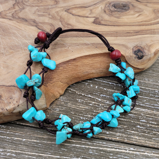 BESHEEK Leather and BLUE Turquoise Chip Artisan Beaded Button Anklet | Handmade Hypoallergenic Beach Gala Wedding Style Jewelry