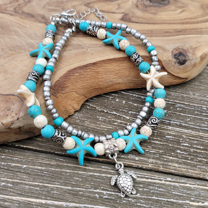 BESHEEK Turtle BLUE and CREAM Silvertone Turquoise Artisan Beaded Adjustable Anklet | Handmade Hypoallergenic Beach Gala Wedding Style Jewelry