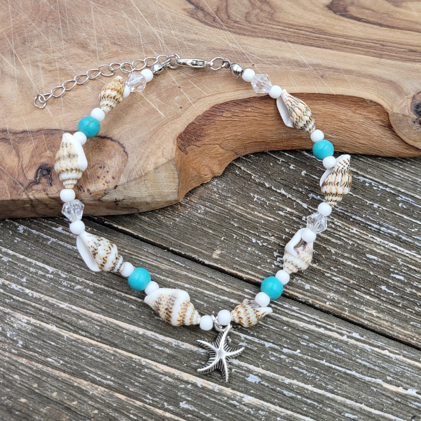BESHEEK Starfish BLUE and CREAM Cowrie Shell Artisan Silvertone Beaded Anklet with Extension | Handmade Hypoallergenic Beach Gala Wedding Style Jewelry