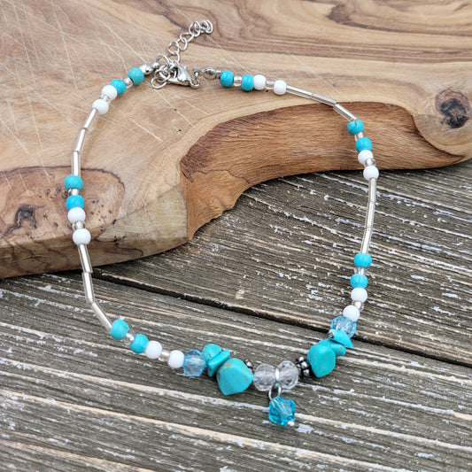 BESHEEK Turquoise BLUE and WHITE Artisan Silvertone Beaded Anklet with Extension | Handmade Hypoallergenic Beach Gala Wedding Style Jewelry