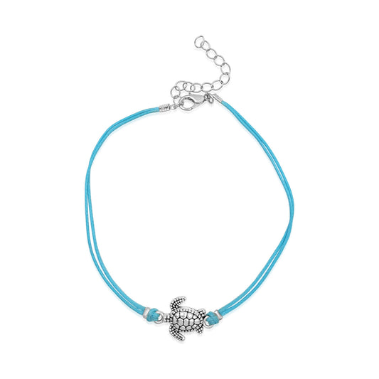 BESHEEK Turtle BLUE Artisan Silvertone Slide Choker Anklet | Handmade Hypoallergenic Beach Gala Wedding Style Jewelry