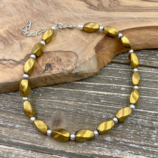 BESHEEK Twist LUSTER GOLD Hematite Stone Artisan Beaded Anklet with Extension | Handmade Hypoallergenic Beach Gala Wedding Style Jewelry