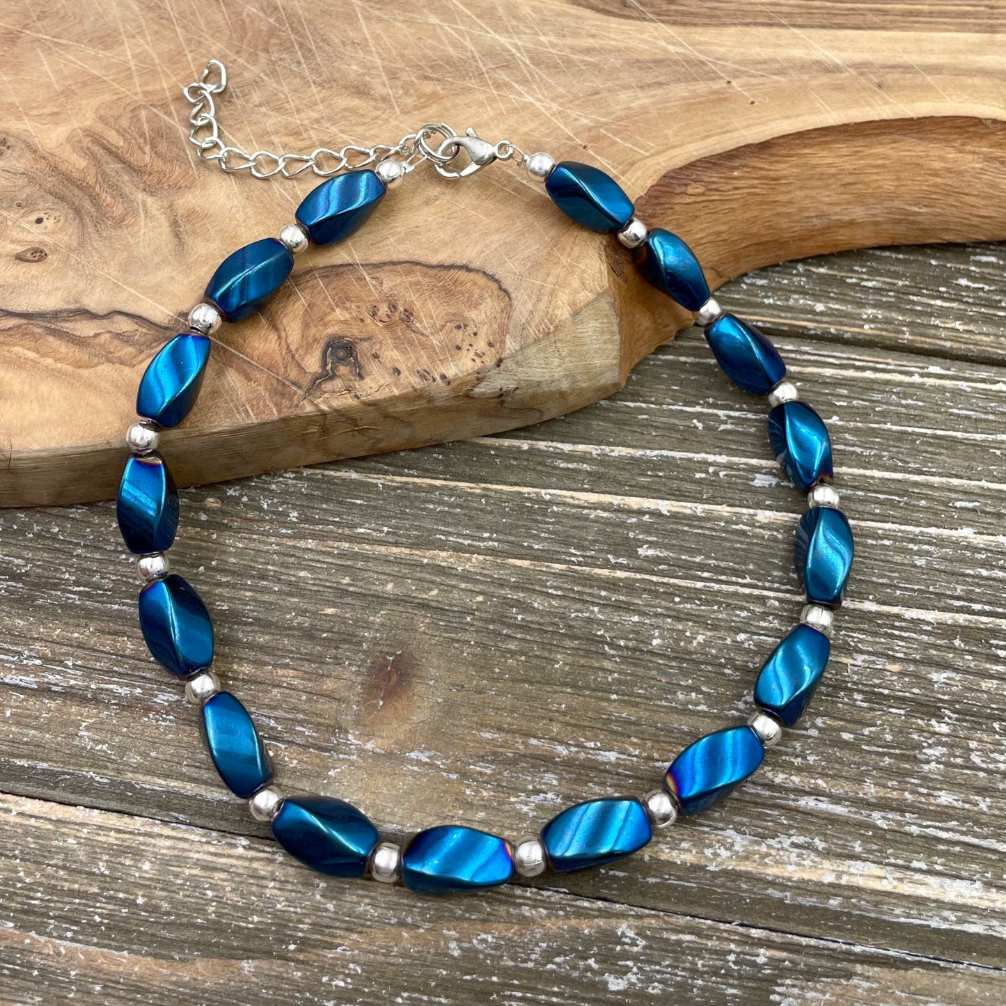BESHEEK Twist LUSTER BLUE Hematite Stone Artisan Beaded Anklet with Extension | Handmade Hypoallergenic Beach Gala Wedding Style Jewelry