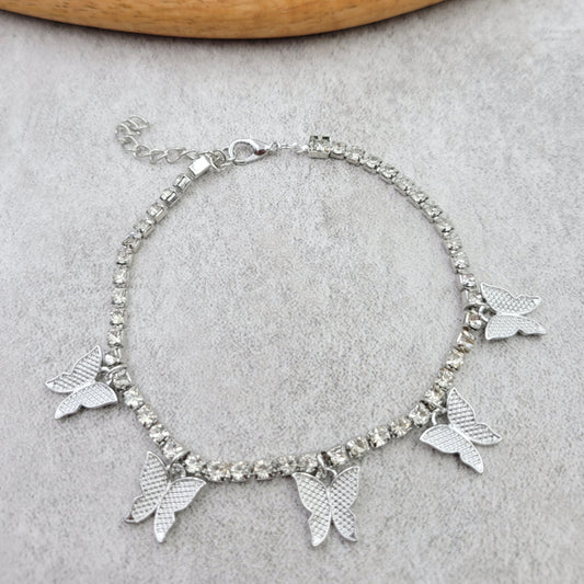 BESHEEK Butterfly CLEAR Paved Crystal Rhinestone Artisan Silvertone Chain Anklet with Extension | Handmade Hypoallergenic Beach Gala Wedding Style Jewelry