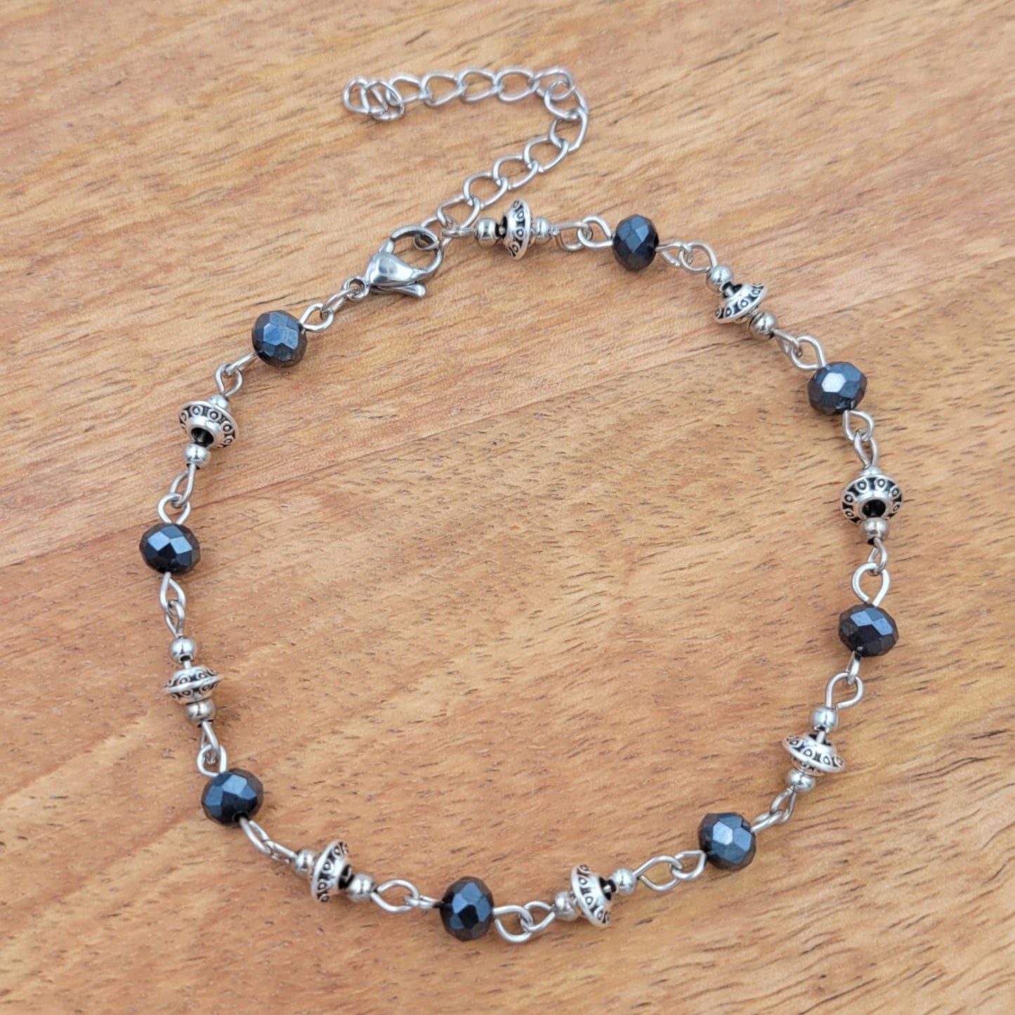 BESHEEK Silvertone SLATE BLUE Faceted Crystal Chain Artisan Beaded Anklet with Extension | Handmade Hypoallergenic Beach Gala Wedding Style Jewelry
