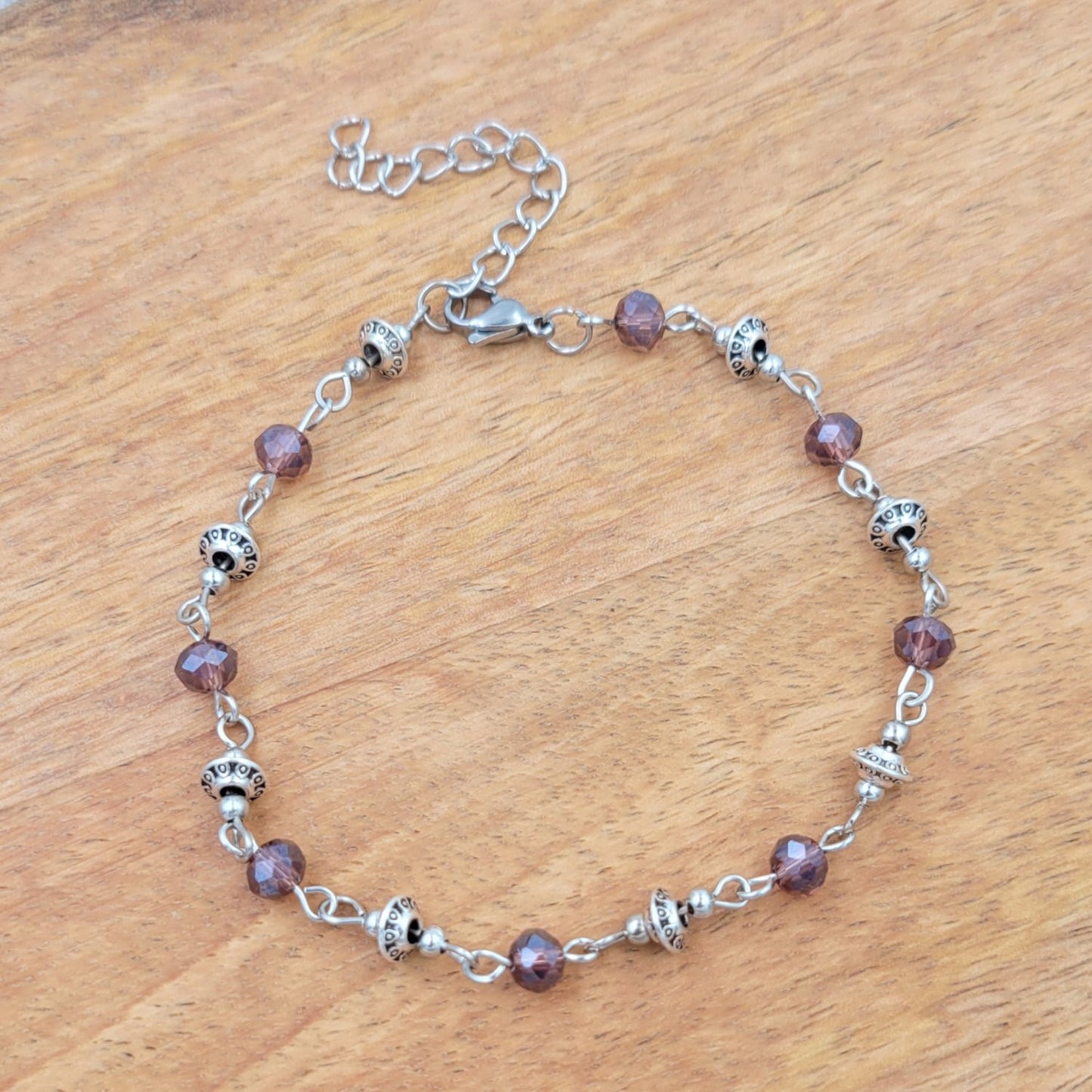 BESHEEK Silvertone DARK PURPLE Faceted Crystal Chain Artisan Beaded Anklet with Extension | Handmade Hypoallergenic Beach Gala Wedding Style Jewelry