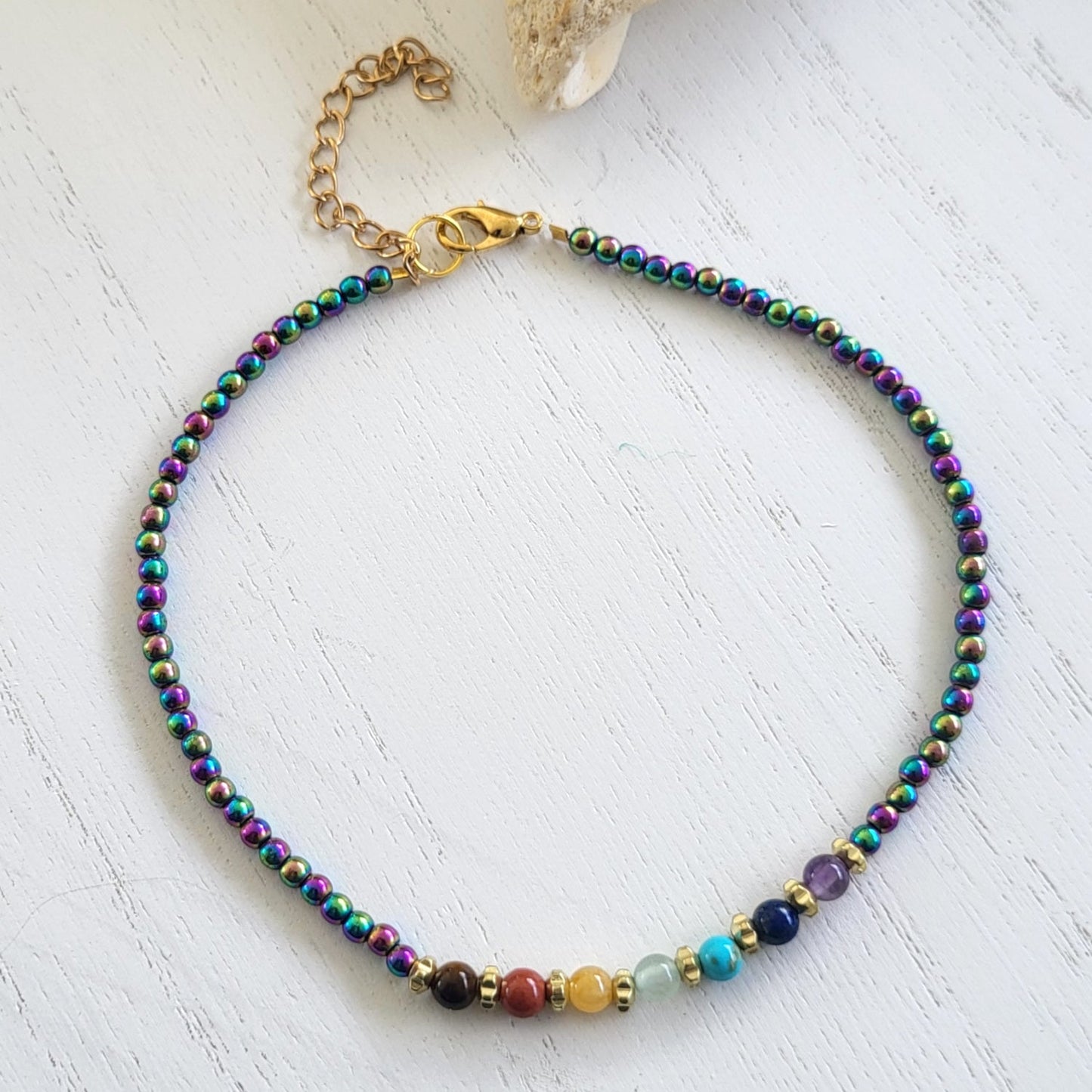 BESHEEK Chakra RAINBOW multi stone Artisan Beaded Anklet with Extension | Handmade Hypoallergenic Beach Gala Wedding Style Jewelry