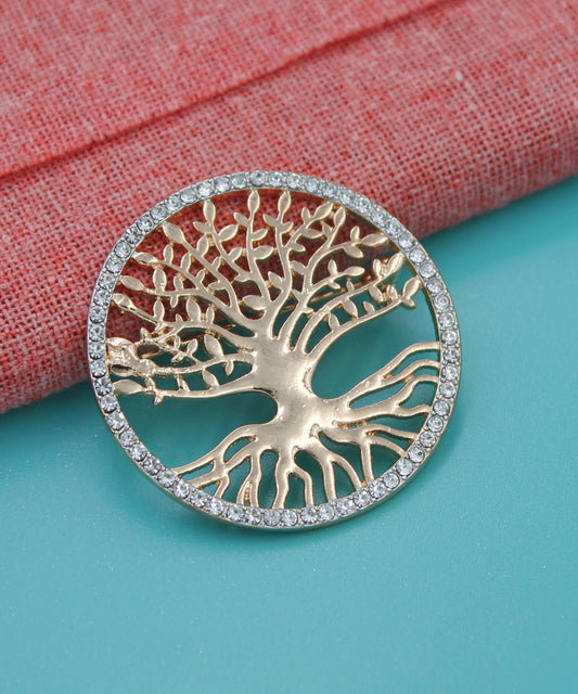 BESHEEK Goldtone Tree of Life with Rhinestone Border Professional Artisan Brooch Pin | Handmade Hypoallergenic Office, Suit, Networking Style Jewelry