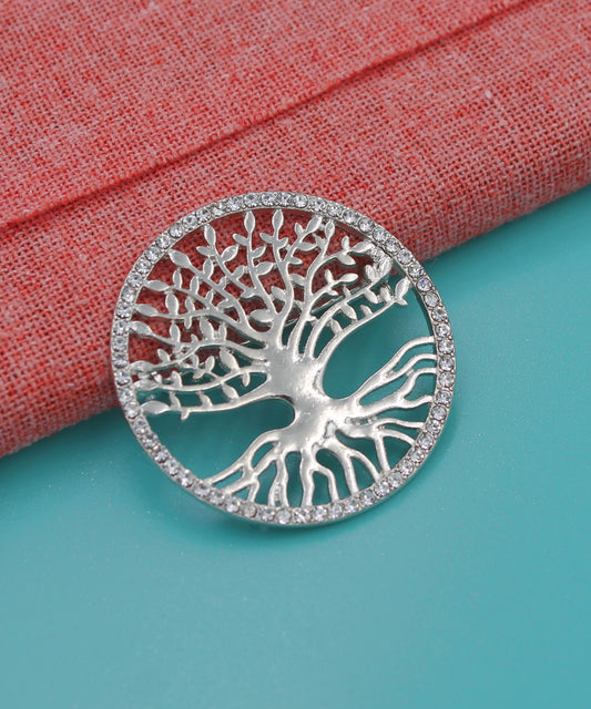 BESHEEK Sivlertone Tree of Life with Rhinestone Border Professional Artisan Brooch Pin | Handmade Hypoallergenic Office, Suit, Networking Style Jewelry