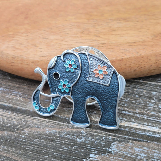 BESHEEK Silvertone Blue Elephant Magnetic Professional Artisan Brooch Pin | Handmade Hypoallergenic Office, Suit, Networking Style Jewelry
