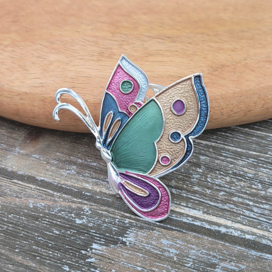 BESHEEK Silvertone Rainbow Butterfly Magnetic Professional Artisan Brooch Pin | Handmade Hypoallergenic Office, Suit, Networking Style Jewelry