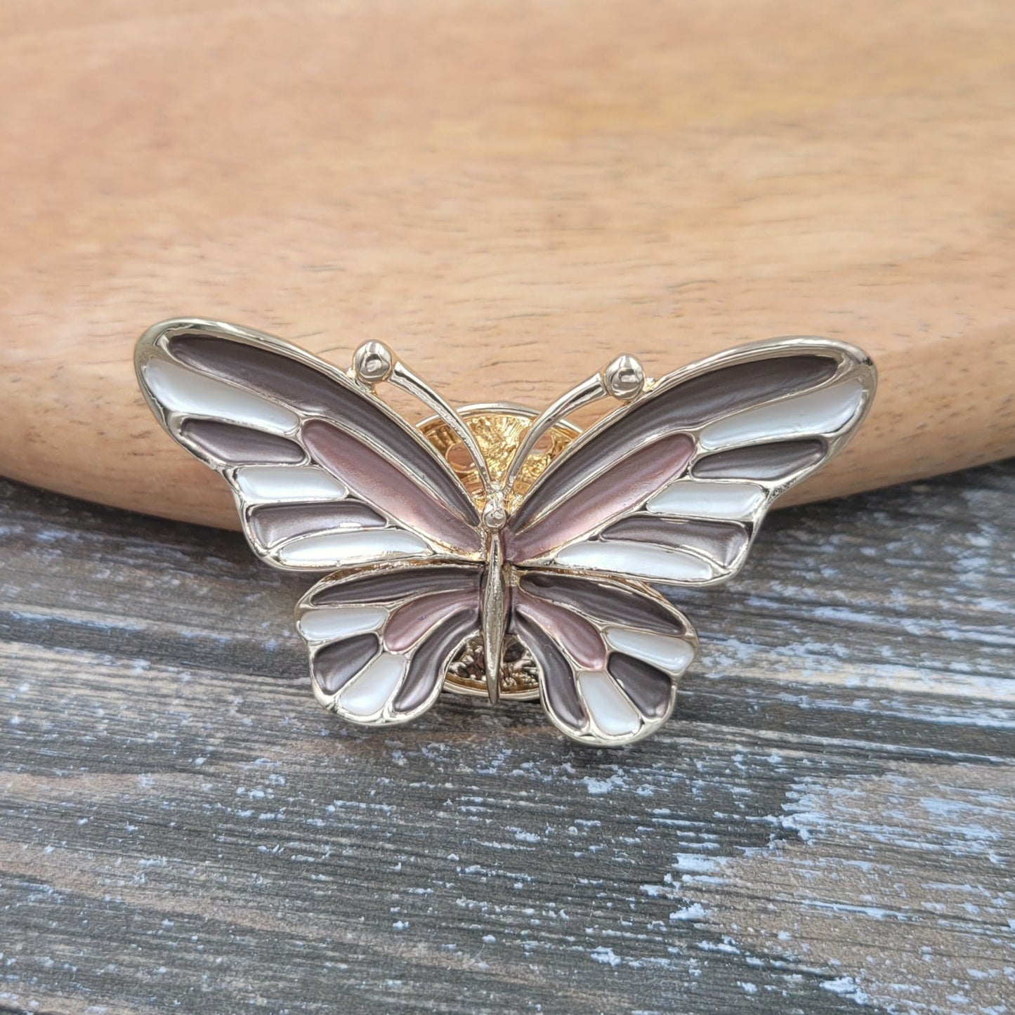 BESHEEK Goldtone Brown Butterfly Magnetic Professional Artisan Brooch Pin | Handmade Hypoallergenic Office, Suit, Networking Style Jewelry