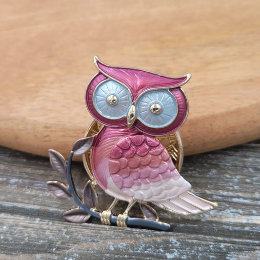 BESHEEK Goldtone PInk Owl Magnetic Professional Artisan Brooch Pin | Handmade Hypoallergenic Office, Suit, Networking Style Jewelry