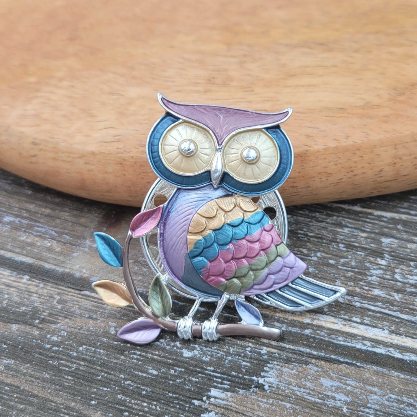 BESHEEK Silvertone Rainbow Owl Magnetic Professional Artisan Brooch Pin | Handmade Hypoallergenic Office, Suit, Networking Style Jewelry