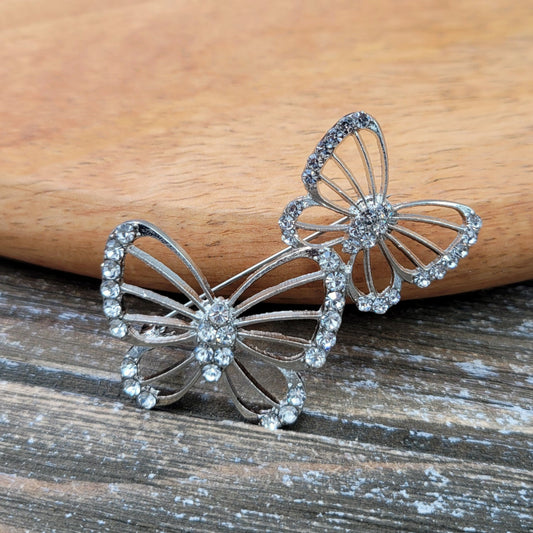 BESHEEK Silvertone and Rhinestone Double Butterfly Professional Artisan Brooch Pin | Handmade Hypoallergenic Office, Suit, Networking Style Jewelry