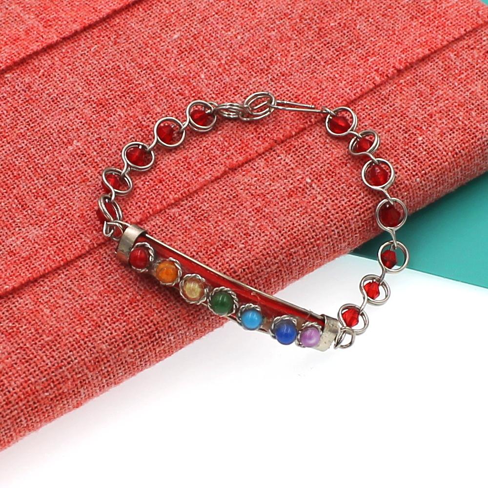 BESHEEK Silvertone and Red Chakra Crystal gem Bracelet| Handmade Hypoallergenic Boho Beach Gala Wedding Style Jewelry