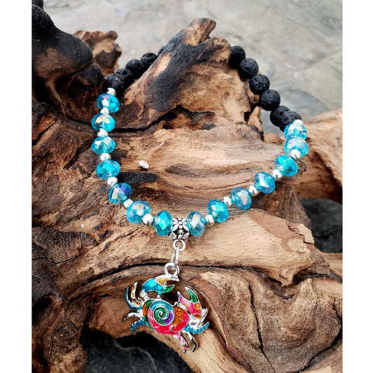 BESHEEK Aqua Crystal and Black Lava bead Crab Stretch Bracelet| Handmade Hypoallergenic Boho Beach Gala Wedding Style Jewelry