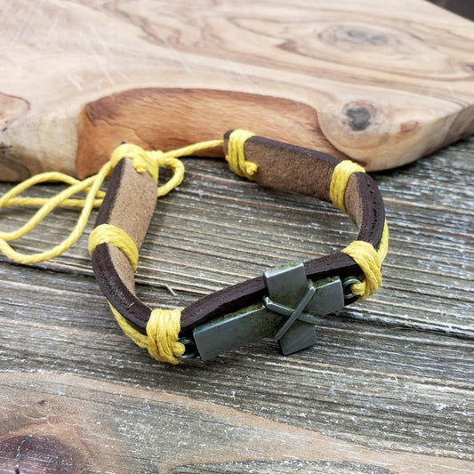 BESHEEK Brown Leather with yellow cord Steel Cross Bracelet| Handmade Hypoallergenic Boho Beach Gala Wedding Style Jewelry