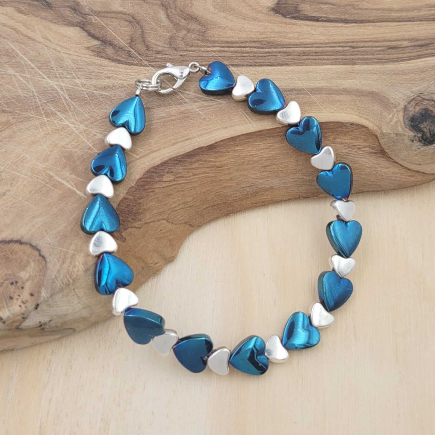 BESHEEK Silvertone Blue Hematite Hearts Clasp Bracelet| Handmade Hypoallergenic Boho Beach Gala Wedding Style Jewelry
