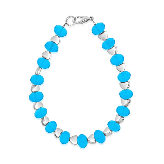 BESHEEK Silvertone hearts and Frosted Aqua Blue Crystal Clasp Bracelet| Handmade Hypoallergenic Boho Beach Gala Wedding Style Jewelry