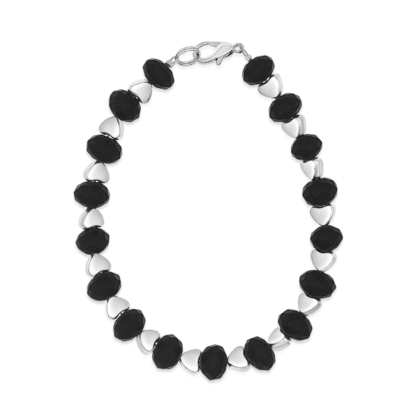 BESHEEK Silvertone hearts and Frosted Black Crystal Clasp Bracelet| Handmade Hypoallergenic Boho Beach Gala Wedding Style Jewelry