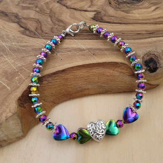BESHEEK Rainbow Hematite and Crystal Glass Love Heart Bracelet| Handmade Hypoallergenic Boho Beach Gala Wedding Style Jewelry