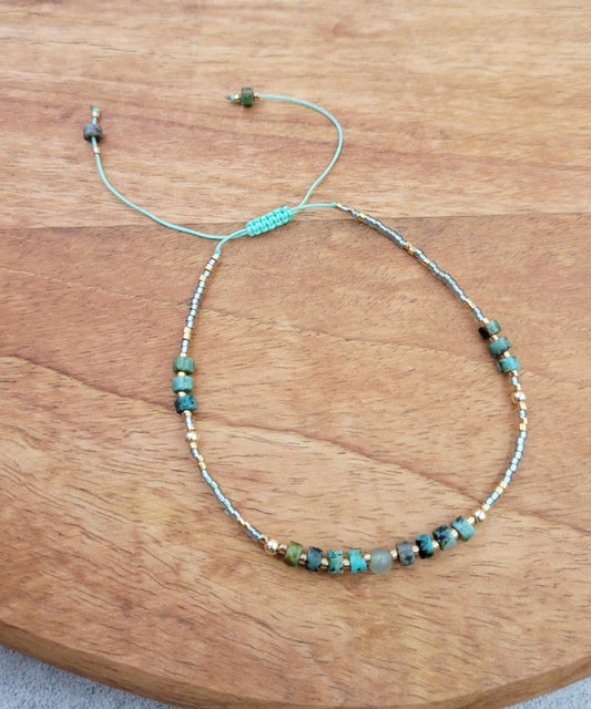 BESHEEK Adjustable Nylon Thread Braided Olive Green Jasper Beads Bracelets| Handmade Hypoallergenic Boho Beach Gala Wedding Style Jewelry