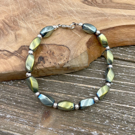 BESHEEK Silvertone and Luster Green Twisted Hematite Bracelet.| Handmade Hypoallergenic Boho Beach Gala Wedding Style Jewelry