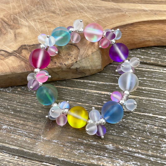 BESHEEK Rainbow 'Bubbles' Mermaid Glass Stretch Bracelet| Handmade Hypoallergenic Boho Beach Gala Wedding Style Jewelry