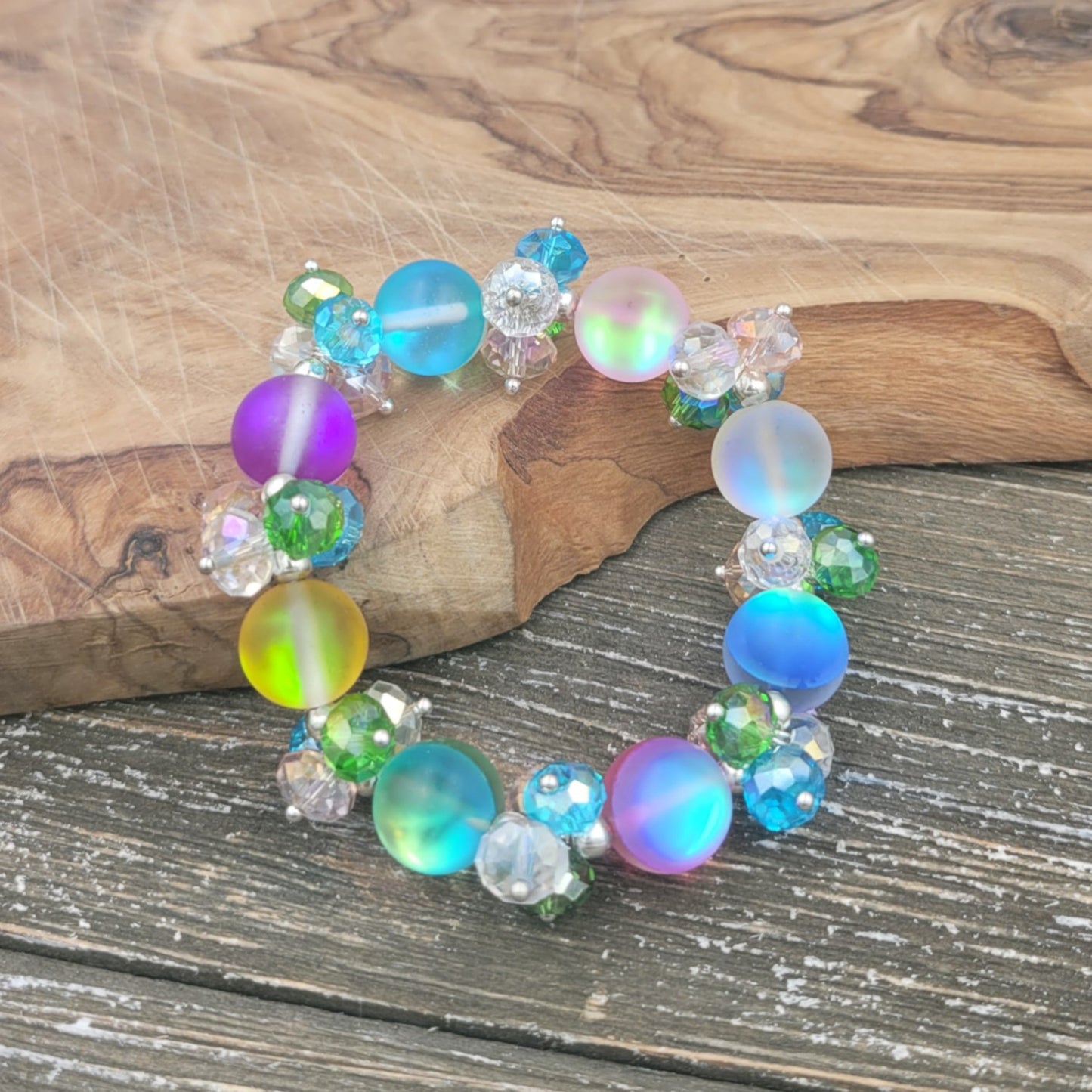 BESHEEK Rainbow 'Bubbles' Mermaid Glass and Crystal Stretch Bracelet| Handmade Hypoallergenic Boho Beach Gala Wedding Style Jewelry