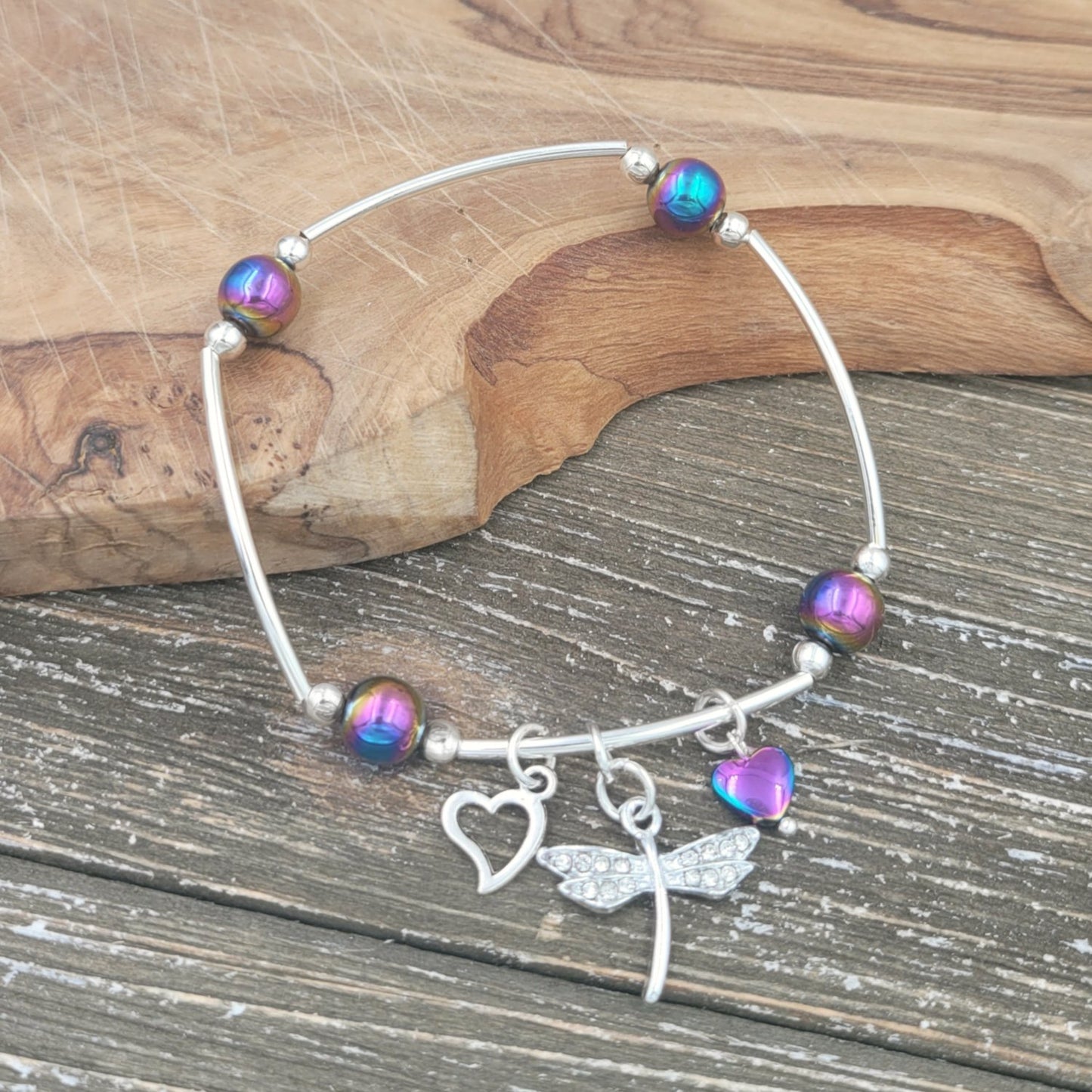 BESHEEK Rainbow Hematite and Rhinestone Dragonfly Tube Stretch Bracelet| Handmade Hypoallergenic Boho Beach Gala Wedding Style Jewelry