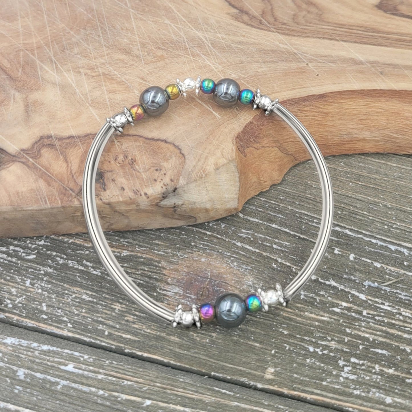 BESHEEK Rainbow and Gray Hematite Tube Stretch Bracelet| Handmade Hypoallergenic Boho Beach Gala Wedding Style Jewelry