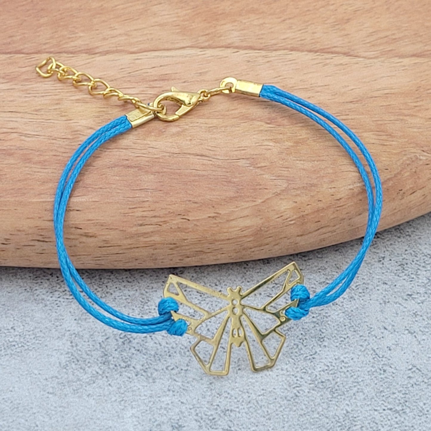 BESHEEK Goldtone Origami Butterfly and Teal Waxed Cord Adjustable Bracelet| Handmade Hypoallergenic Boho Beach Gala Wedding Style Jewelry