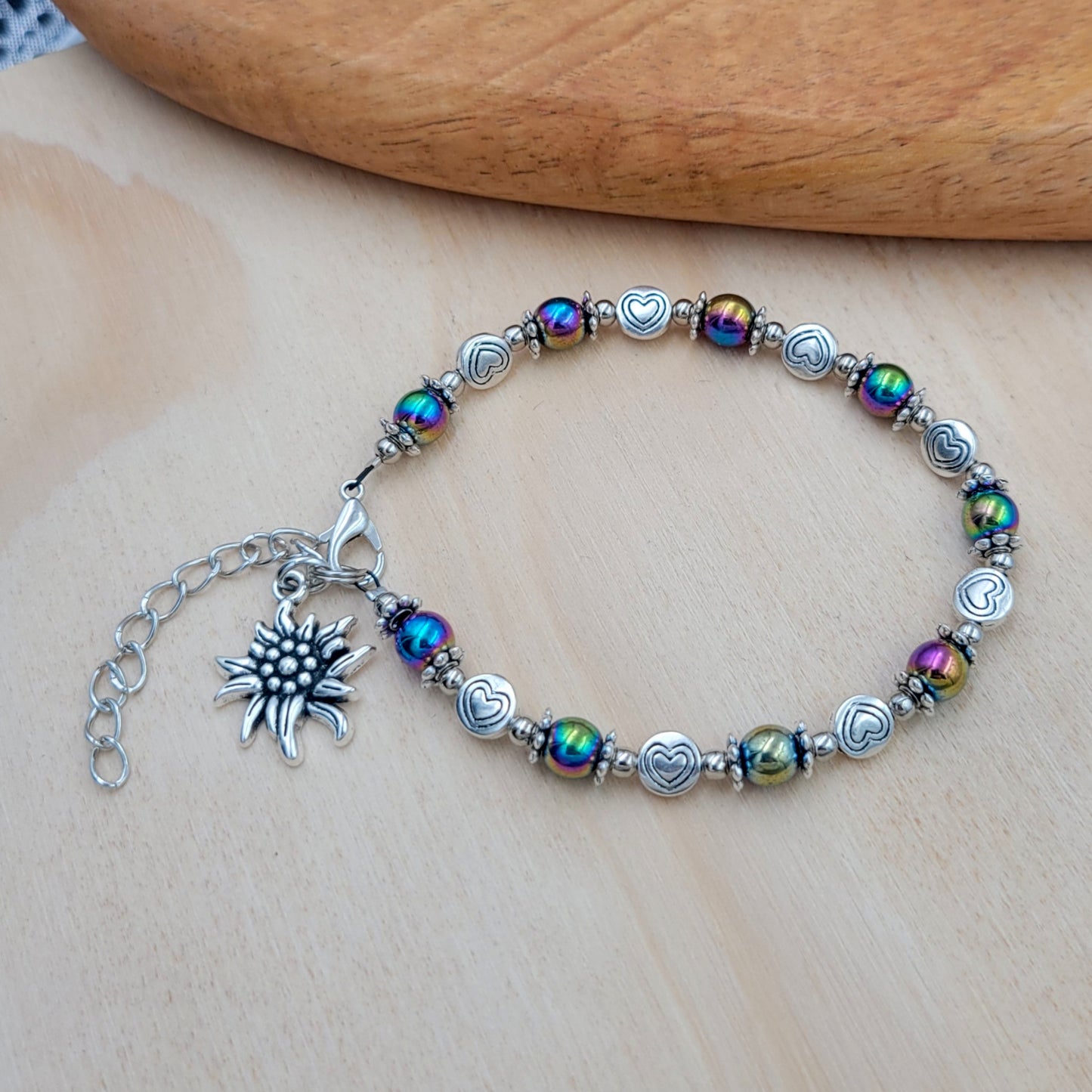 BESHEEK Rainbow Hematite and Hearts Beaded Bracelet| Handmade Hypoallergenic Boho Beach Gala Wedding Style Jewelry