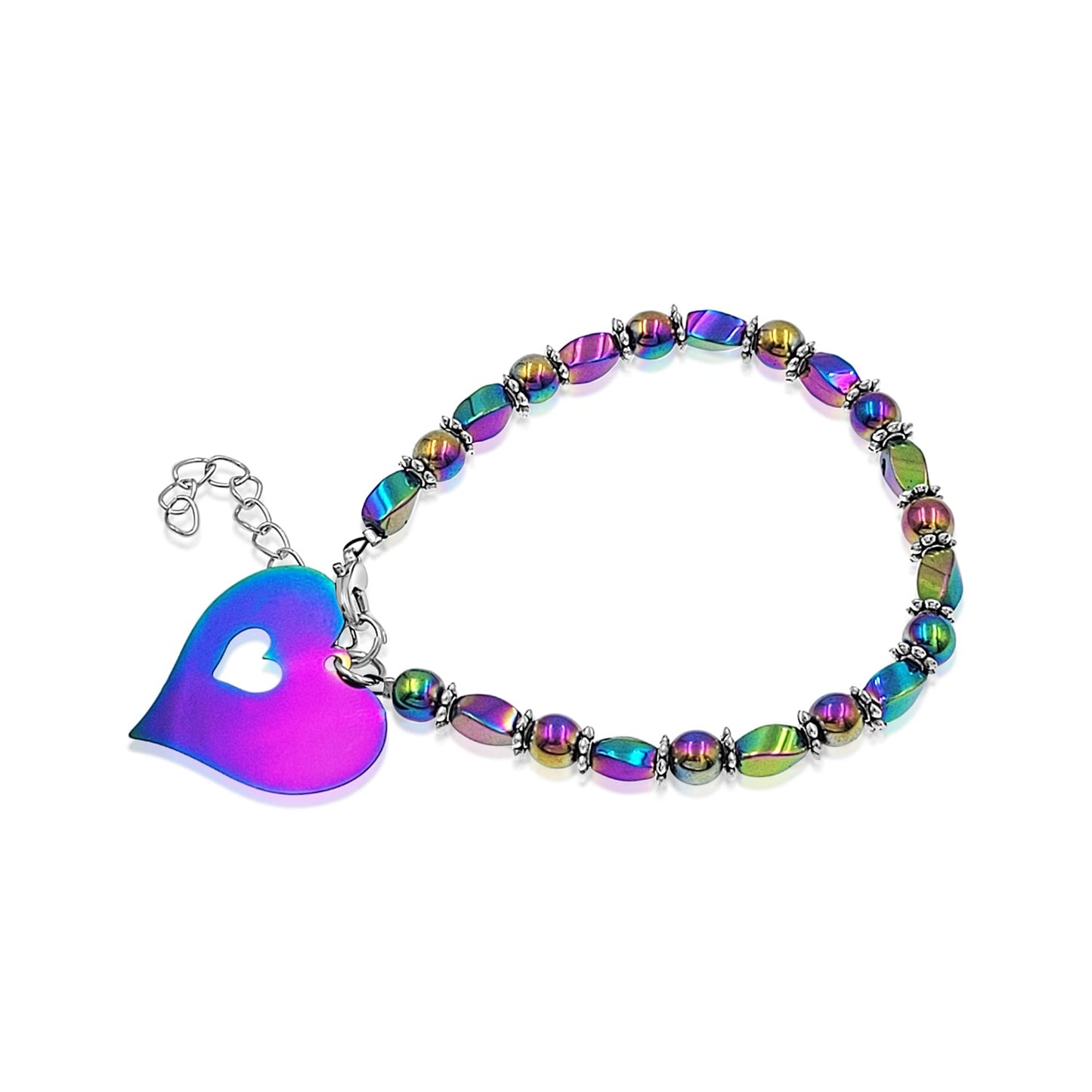 BESHEEK Rainbow Stainless Steel and Hematite Beaded Heart Bracelet| Handmade Hypoallergenic Boho Beach Gala Wedding Style Jewelry