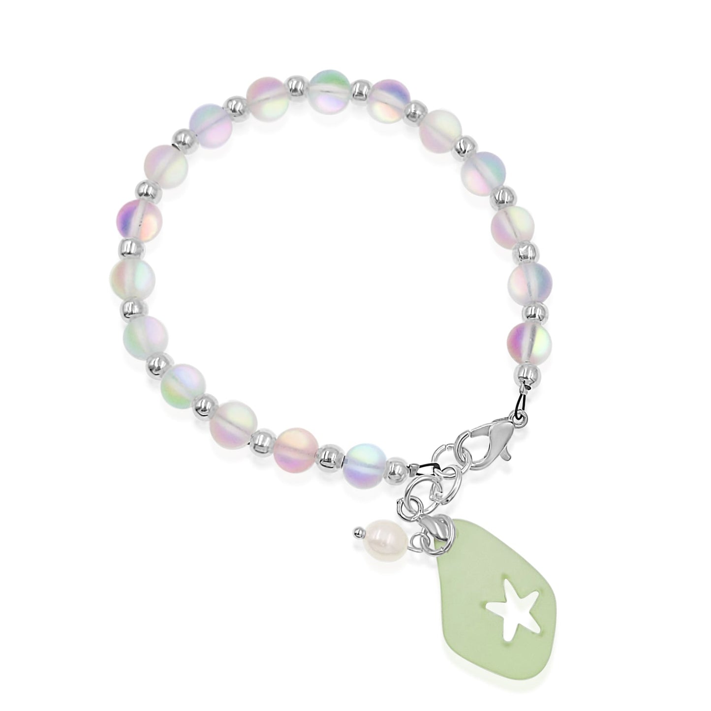 BESHEEK Silvertone, Clear, Green Star Seaglass and Freshwater Pearl Beaded Bracelet| Handmade Hypoallergenic Boho Beach Gala Wedding Style Jewelry