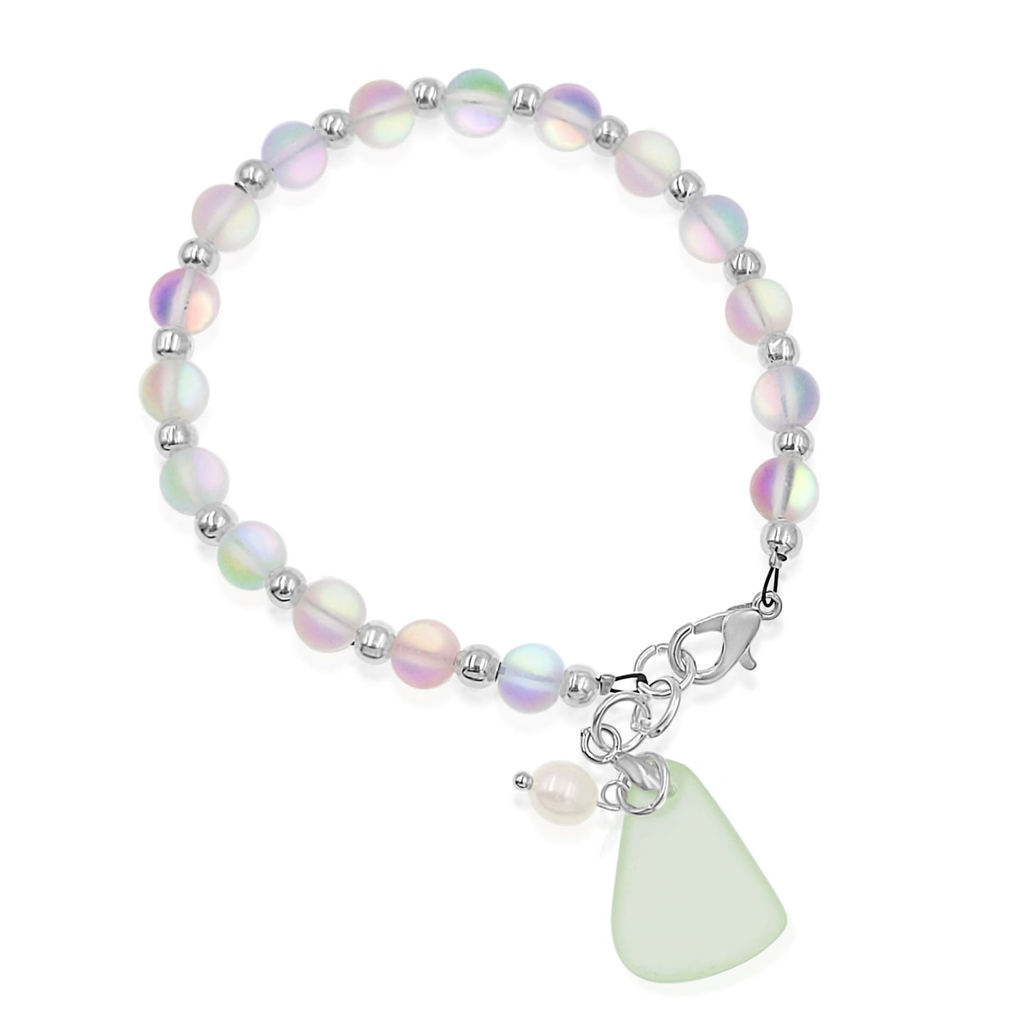 BESHEEK Silvertone, Clear, Green Seaglass and Freshwater Pearl Beaded Bracelet| Handmade Hypoallergenic Boho Beach Gala Wedding Style Jewelry