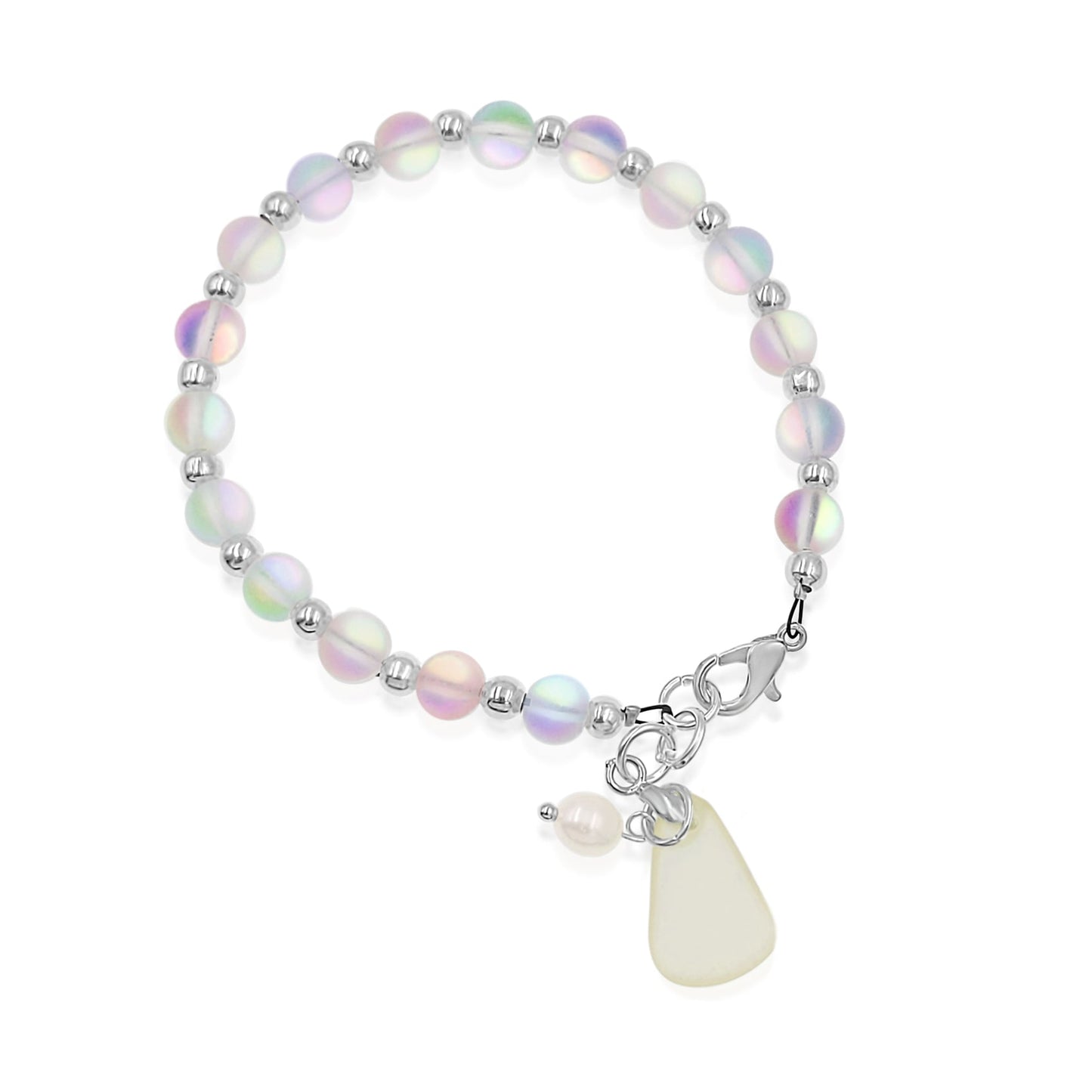 BESHEEK Silvertone, Clear, Yellow Seaglass and Freshwater Pearl Beaded Bracelet| Handmade Hypoallergenic Boho Beach Gala Wedding Style Jewelry